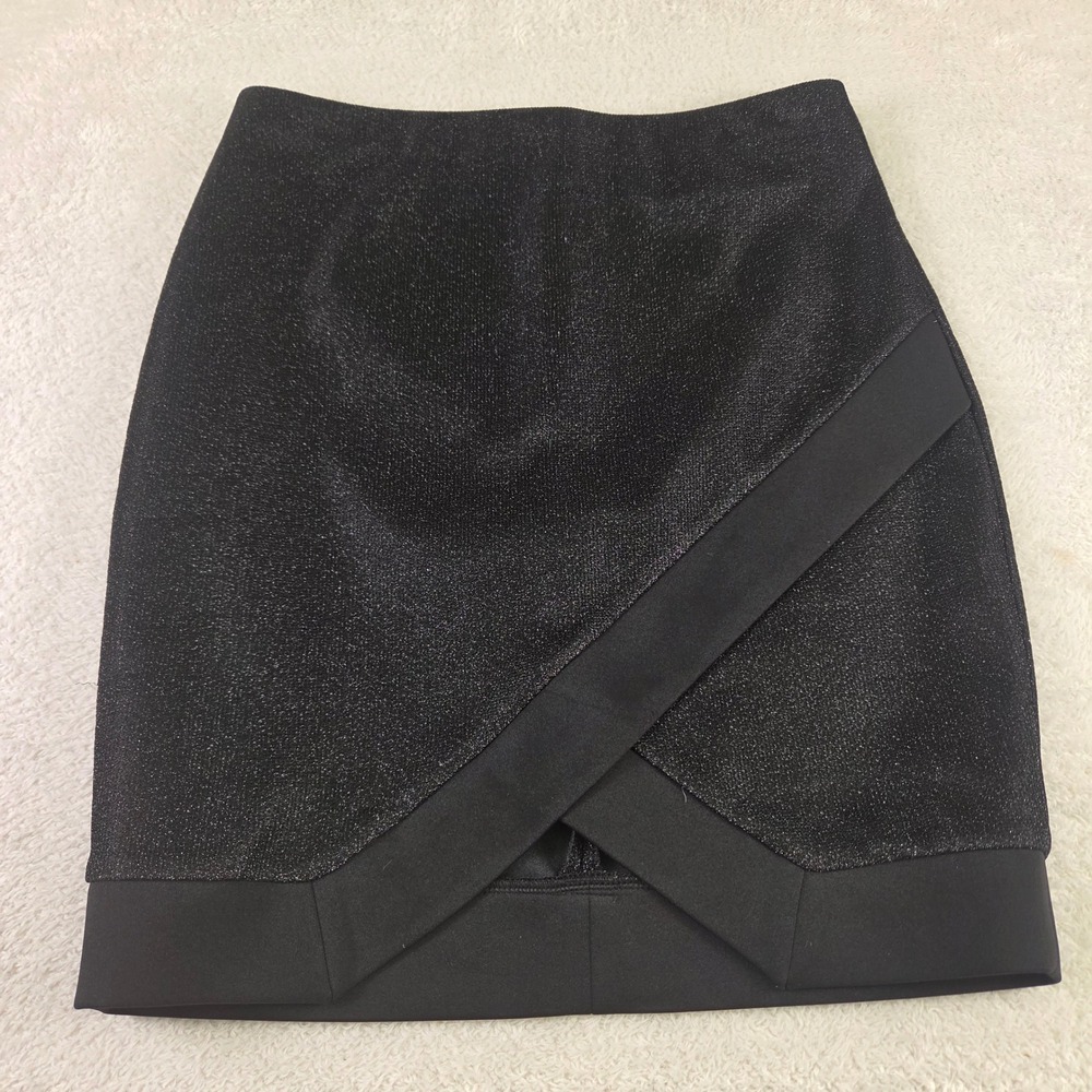 Express Black Metallic Shimmer Faux Wrap Mini Skirt XS 3729